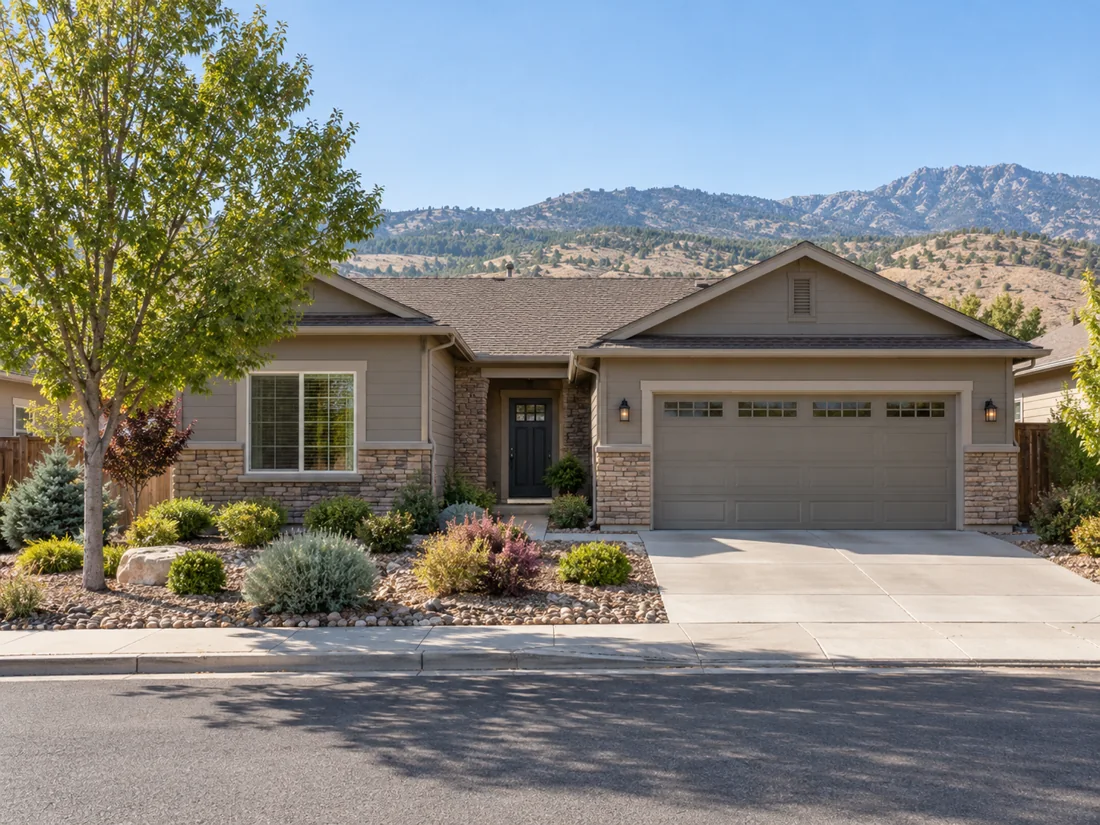 Illustrative well-maintained northern Nevada home with mountains in the distance